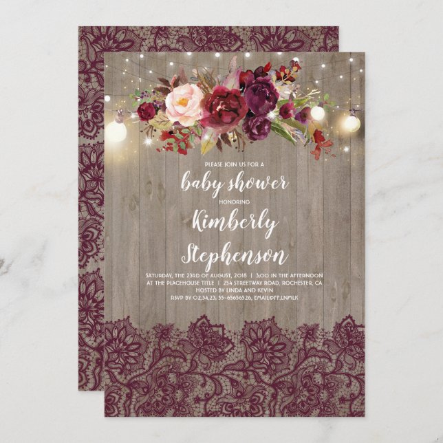 Burgundy Floral Lace Rustic Baby Shower Invitation (Front/Back)