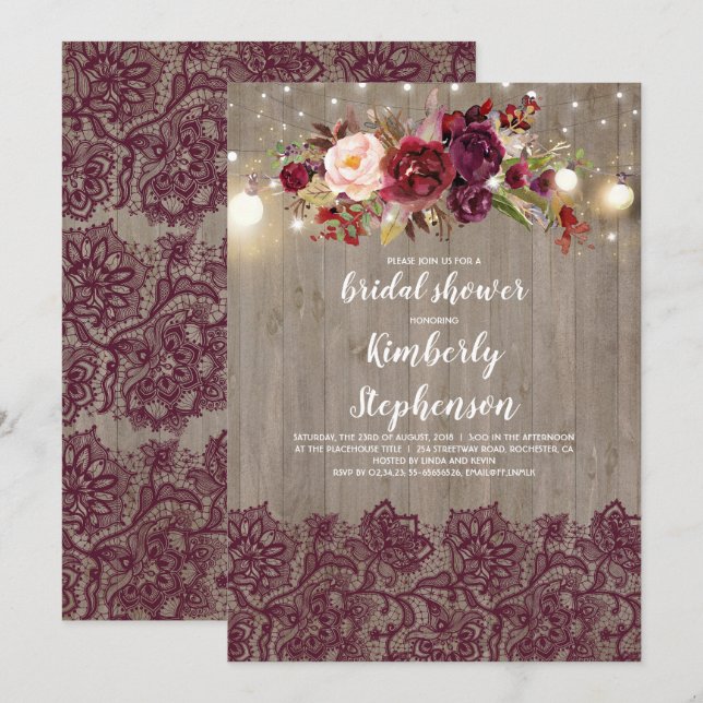 Burgundy Floral Lace Rustic Bridal Shower Invitation (Front/Back)