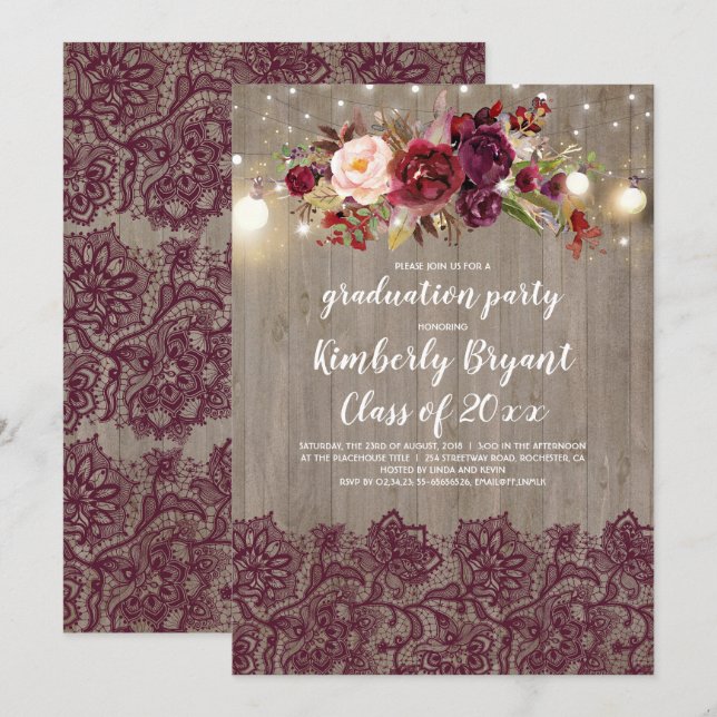 Burgundy Floral Lace Rustic Graduation Party Invitation (Front/Back)