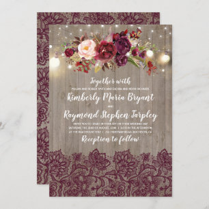 Burgundy Floral Lace Rustic Wedding Invitation