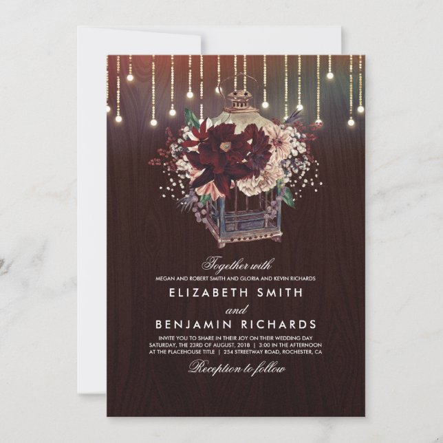 Burgundy Floral Lantern Lights Rustic Wood Wedding Invitation (Front)