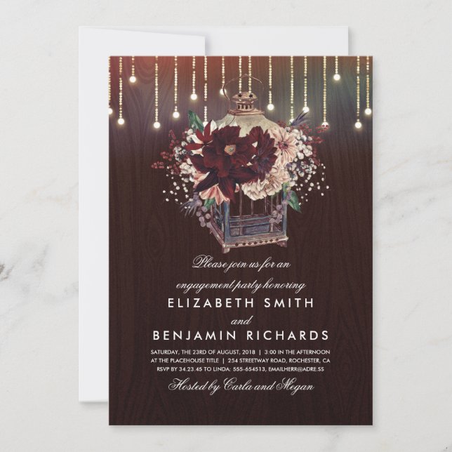 Burgundy Floral Lantern Rustic Engagement Party Invitation (Front)