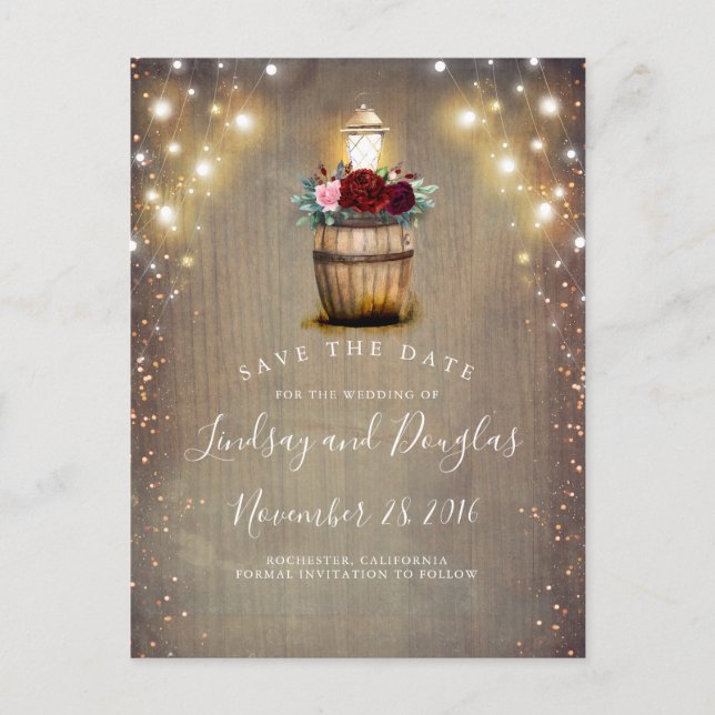 Burgundy Floral Lantern Rustic Fall Save the Date Announcement Postcard (Front)