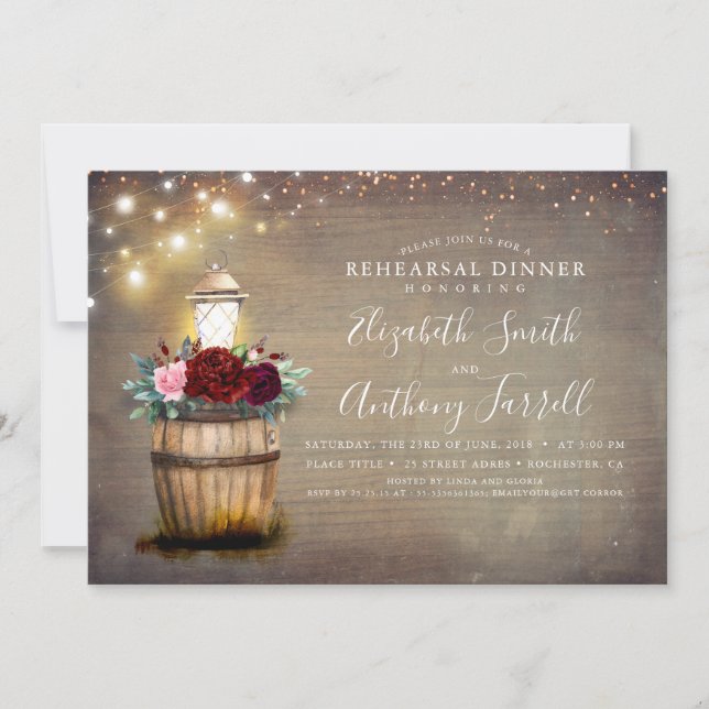 Burgundy Floral Lantern Rustic Rehearsal Dinner Invitation (Front)