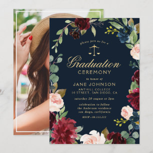 burgundy floral law school graduation ceremony invitation