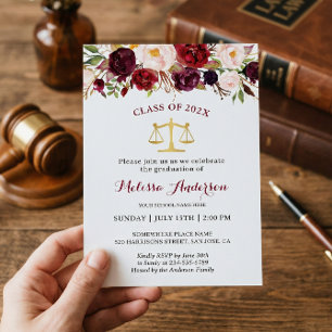 Burgundy Floral Law School Graduation Party Invitation