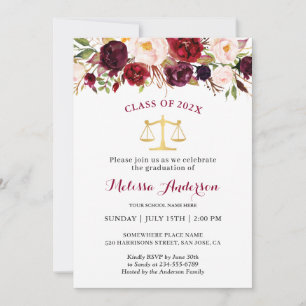 Burgundy Floral Law School Graduation Party Invitation