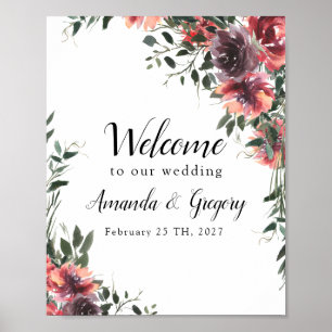 Burgundy Floral Leafy Wedding Welcome Sign