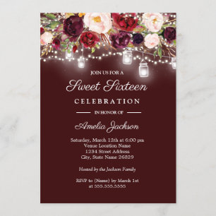 Burgundy Floral Lights 16th Sweet Sixteen Invitation