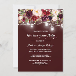 Burgundy Floral Lights Housewarming Party Invitation
