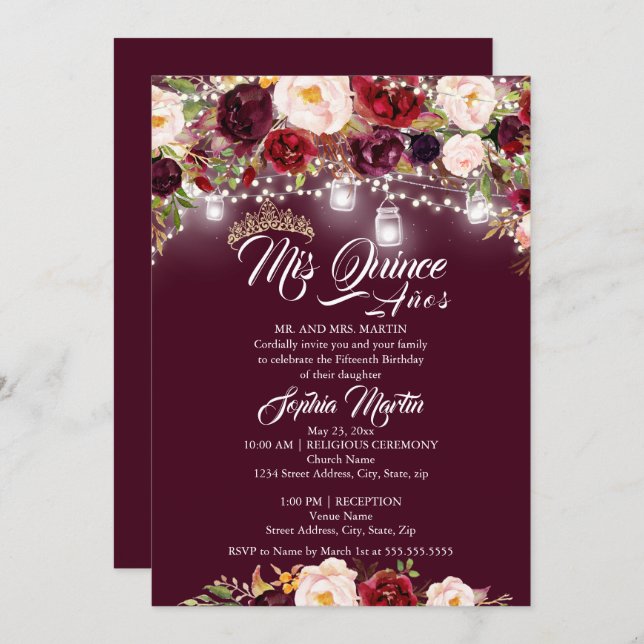 Burgundy Floral Lights Mis Quince Quinceanera  Invitation (Front/Back)