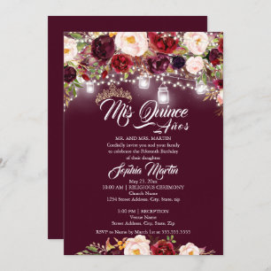 Burgundy Floral Lights Mis Quince Quinceanera  Invitation