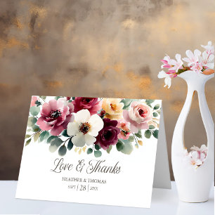 Burgundy Floral Love and Thanks Wedding Thank You Card