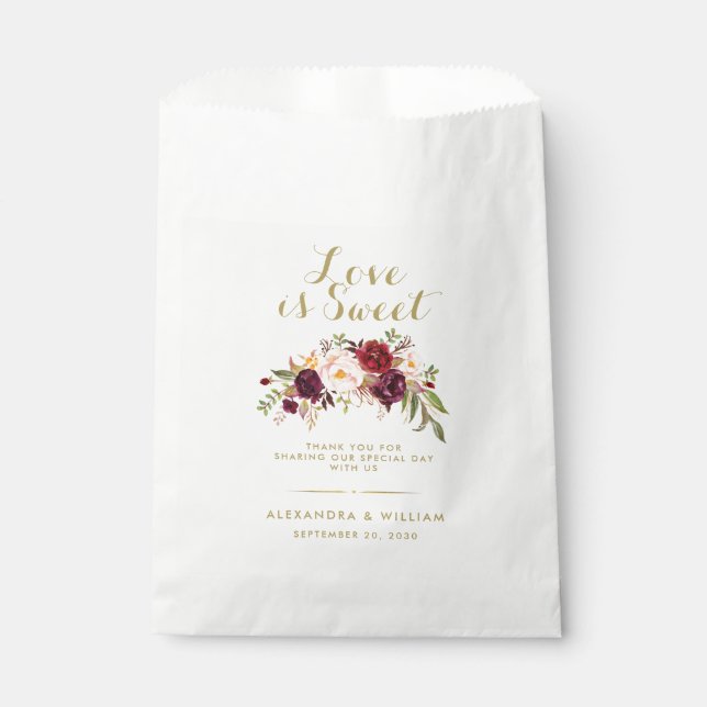Burgundy Floral Love is Sweet Rustic Wedding Favour Bag (Front)