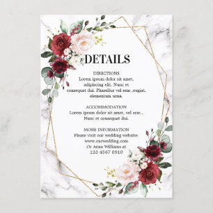 Burgundy Floral Marble Geometric Wedding Details Enclosure Card