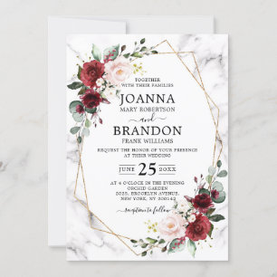 Burgundy Floral Marble Geometric Wedding Invitation