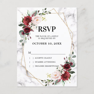 Burgundy Floral Marble Geometric Wedding RSVP Postcard