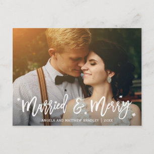 Burgundy Floral Married and Merry Christmas Photo Holiday Postcard