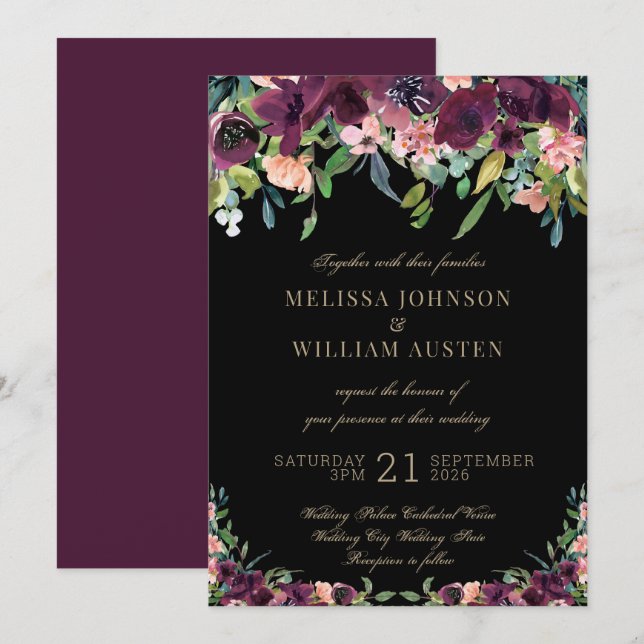 Burgundy Floral Marsala Black Wedding Invitation (Front/Back)