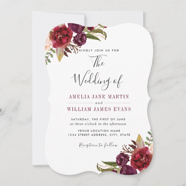 Burgundy Floral Marsala Watercolor Wedding Invitation (Front)