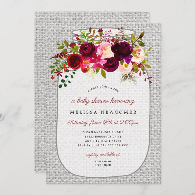Burgundy floral mason jar baby shower invitation (Front/Back)