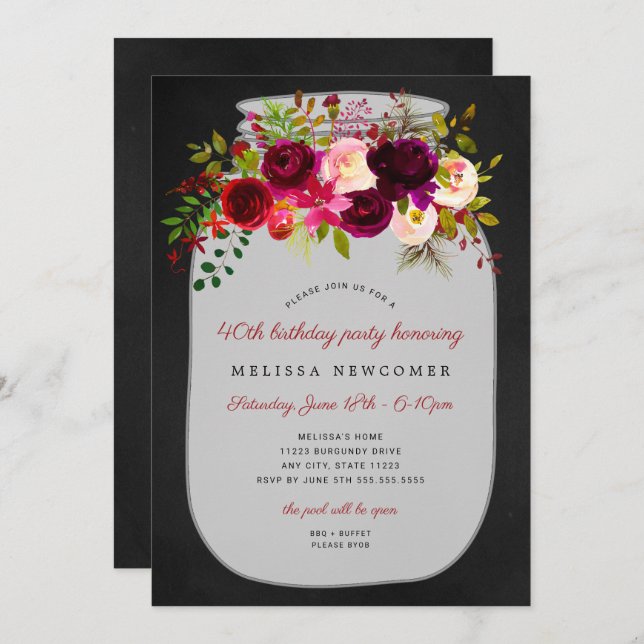 Burgundy Floral mason jar birthday party invites (Front/Back)