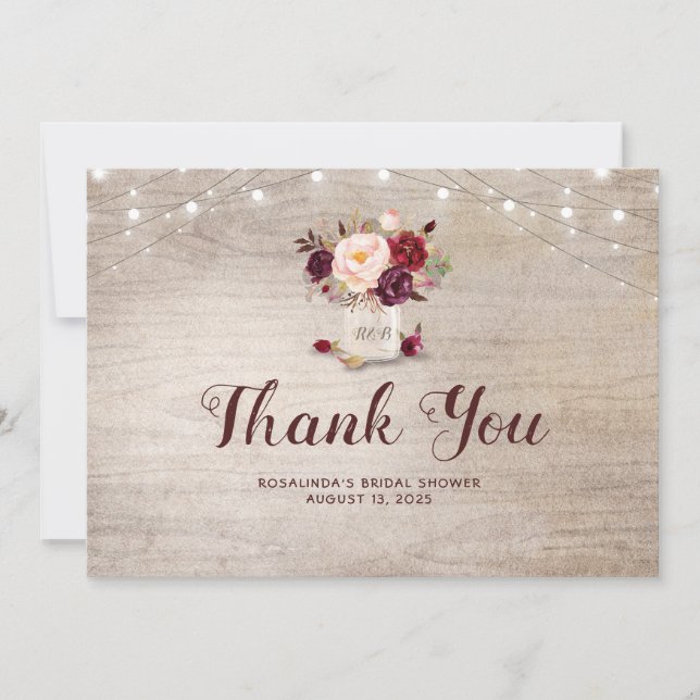 Burgundy Floral Mason Jar Bridal Shower Thank You (Front)