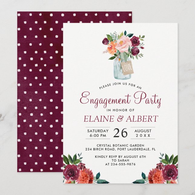 Burgundy Floral Mason Jar Engagement Party Card (Front/Back)