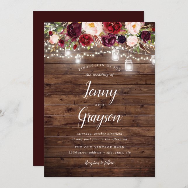 Burgundy Floral Mason Jar Lights Wood Wedding Invitation (Front/Back)