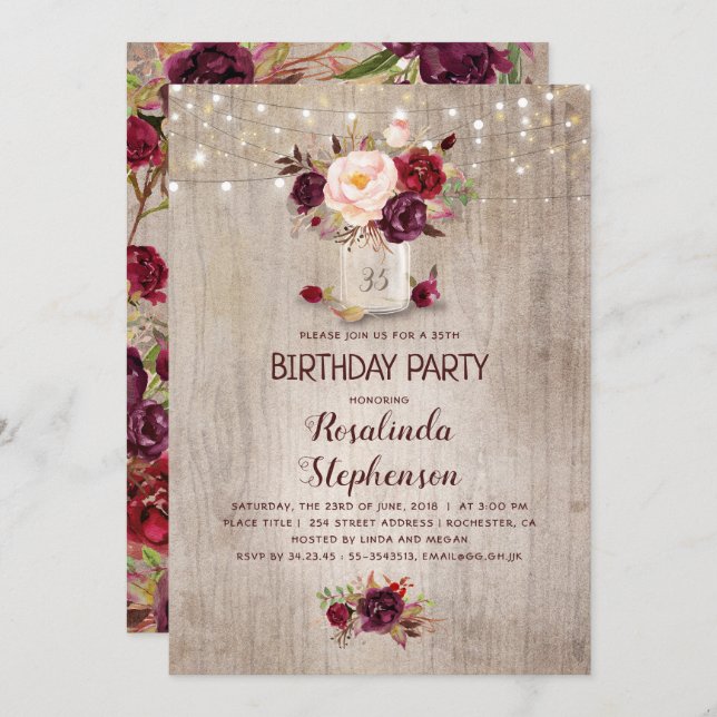 Burgundy Floral Mason Jar Rustic Birthday Party Invitation (Front/Back)