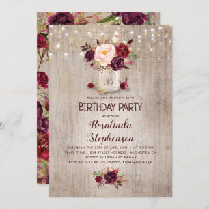 Burgundy Floral Mason Jar Rustic Birthday Party Invitation