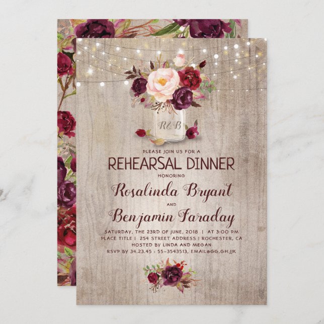 Burgundy Floral Mason Jar Rustic Rehearsal Dinner Invitation (Front/Back)