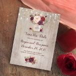 Burgundy Floral Mason Jar Rustic Save the Date<br><div class="desc">Burgundy - Marsala flowers mason jar and string of lights rustic save the date invitations</div>