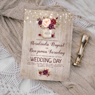Burgundy Floral Mason Jar Rustic Wedding Invitation