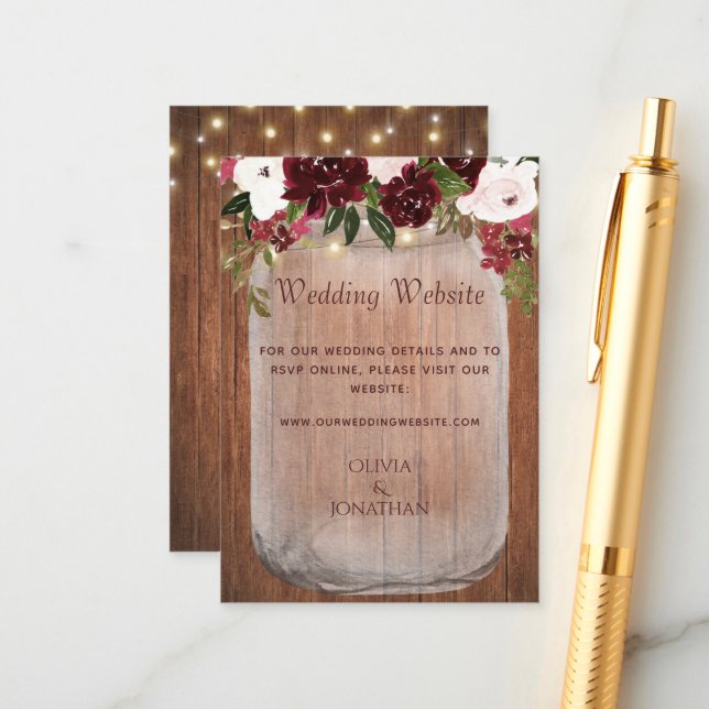 Burgundy Floral Mason Jar Rustic Wedding Website Enclosure Card (Front/Back In Situ)