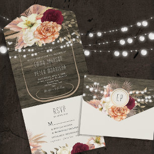 Burgundy Floral Mason Jar Rustic Wood Wedding All In One Invitation