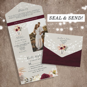 Burgundy Floral Mason Jar Wedding All In One Invitation