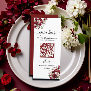 Burgundy Floral Modern QR Code Wedding Open Bar Menu