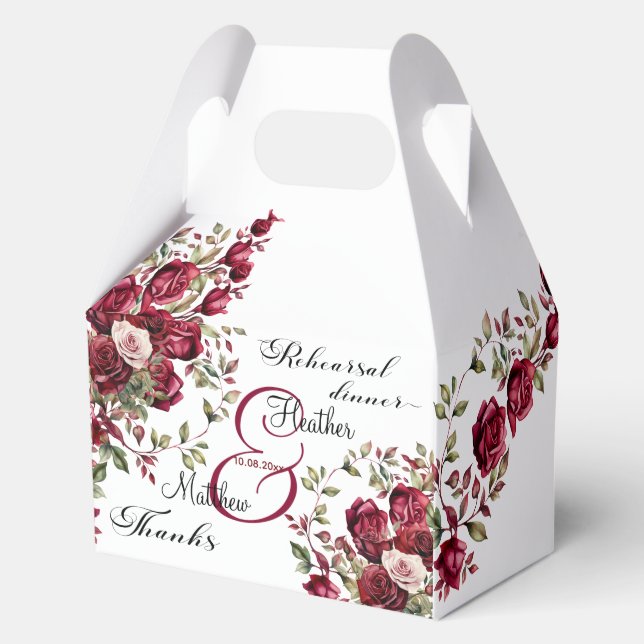Burgundy Floral Modern 'Rehearsal dinner' Wedding Favour Box (Front)