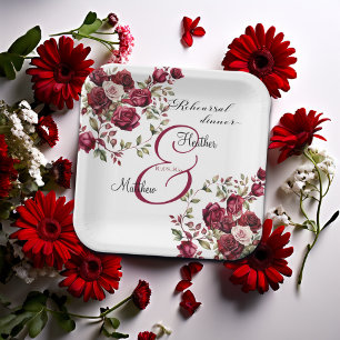 Burgundy Floral Modern 'Rehearsal dinner' Wedding Paper Plate
