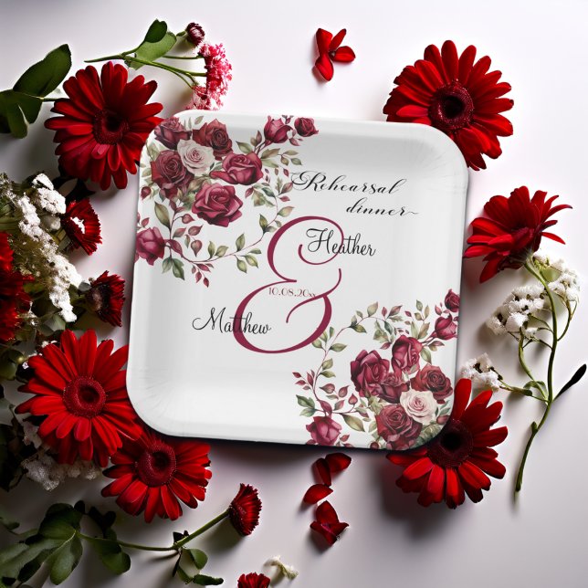 Burgundy Floral Modern 'Rehearsal dinner' Wedding Paper Plate (Creator Uploaded)