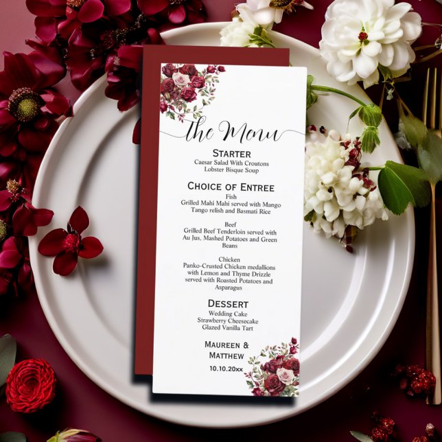Burgundy Floral Modern Script 4x9'' Wedding Menu (Creator Uploaded)