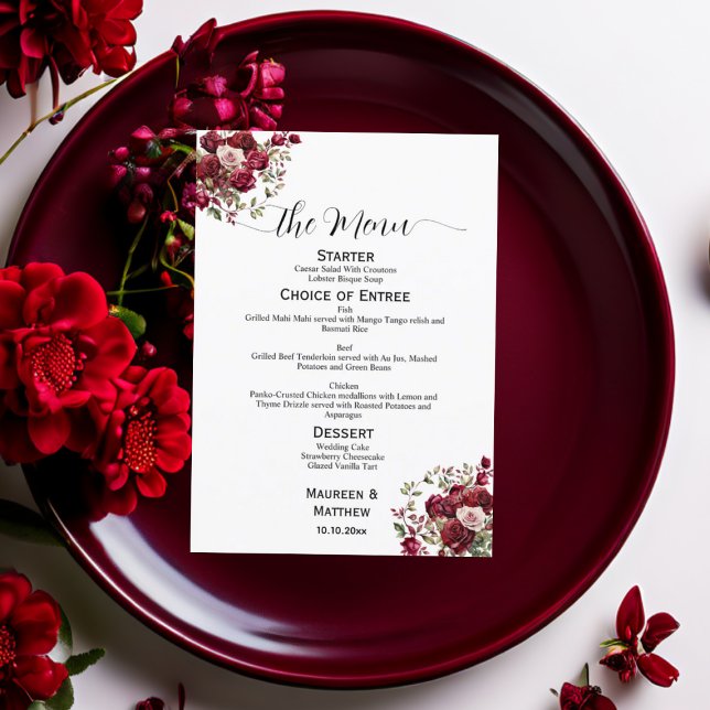 Burgundy Floral Modern Script 5x7'' Wedding Menu (Creator Uploaded)