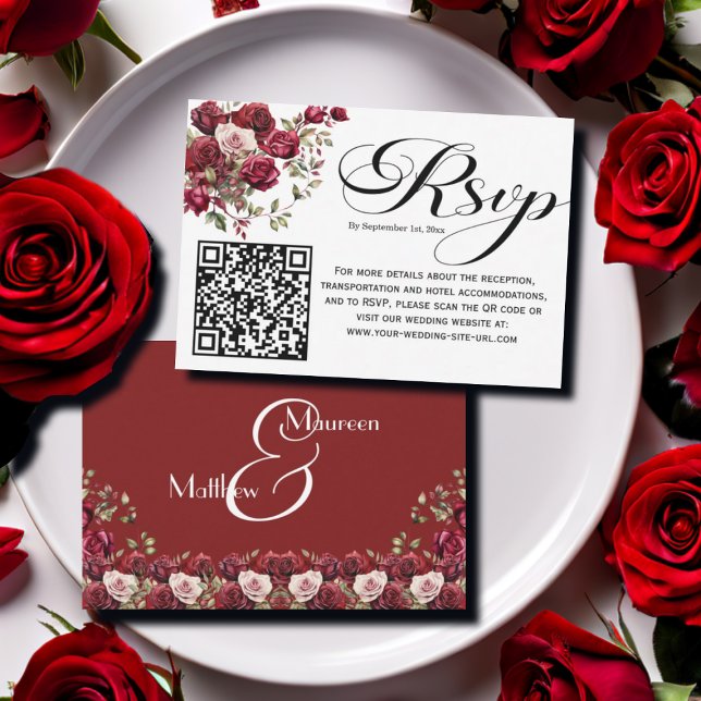 Burgundy Floral Modern Script QR Code RSVP Card (Creator Uploaded)