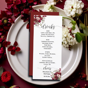 Burgundy Floral Modern Script Wedding Bar Menu