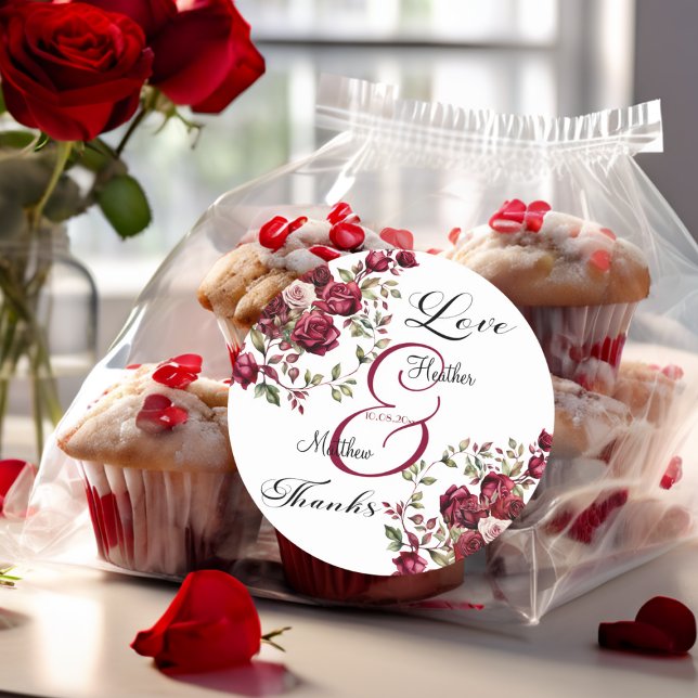 Burgundy Floral Modern Script Wedding Classic Round Sticker (Creator Uploaded)