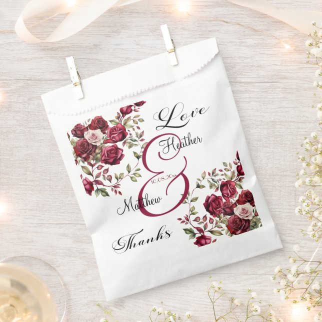 Burgundy Floral Modern Script Wedding Favour Bag (Clipped)
