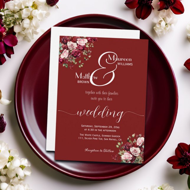 Burgundy Floral Modern Script Wedding Invitation (Creator Uploaded)