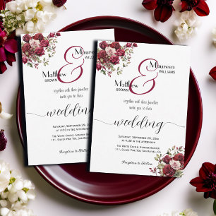 Burgundy Floral Modern Script Wedding Invitation