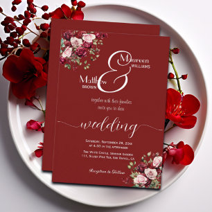 Burgundy Floral Modern Script Wedding Invitation